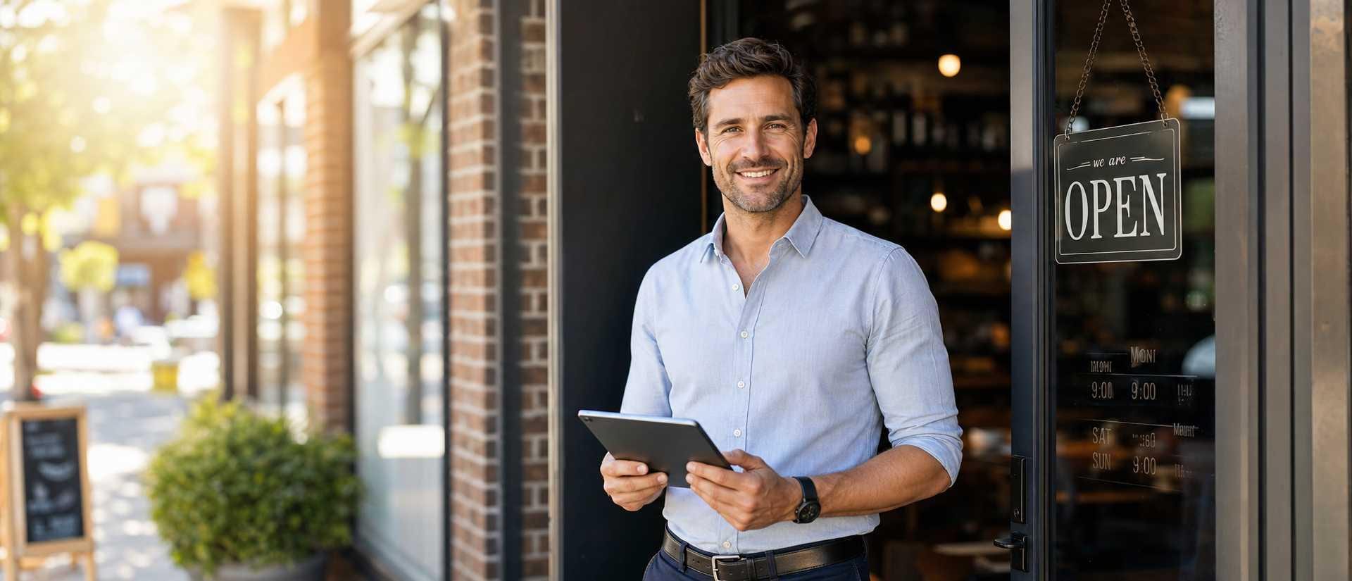 Business owner at the doorway after the first workflow route has been chosen.