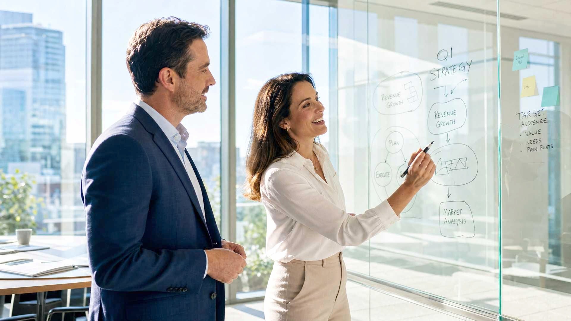 Consulting reviewers mapping an AI opportunity plan on a glass board.