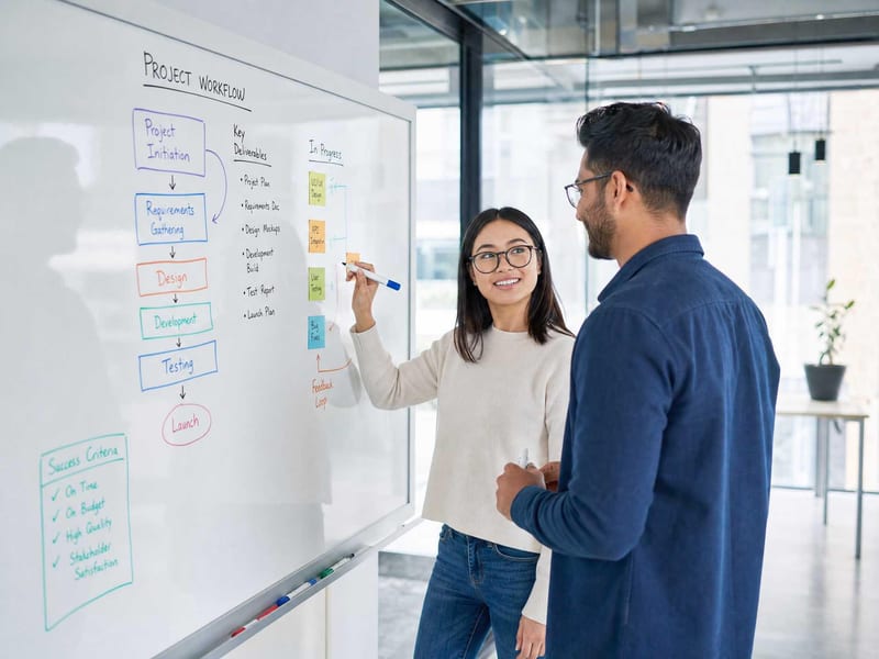 Two coworkers at a whiteboard mapping the handoff.