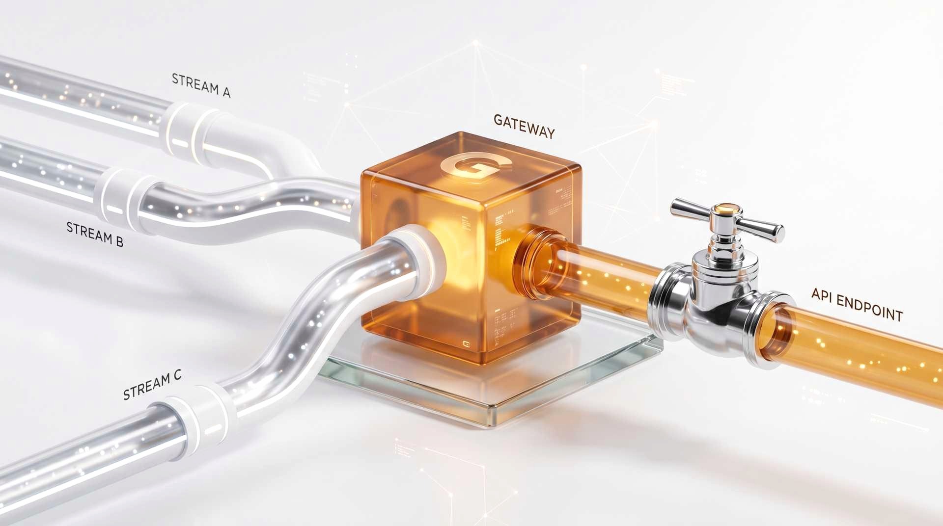 Scoped connector access path with source pipes, a review valve, and an endpoint.